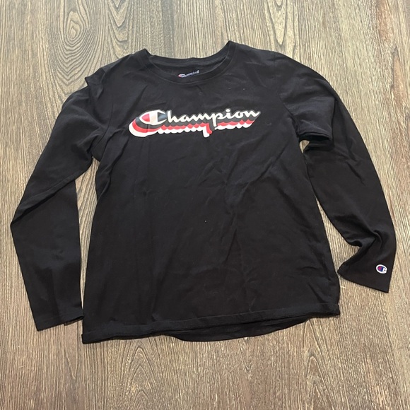 Champion Tee Shirt Long Sleeves Logo Graphic Print Crew Neck Pullover Black L - Picture 1 of 5